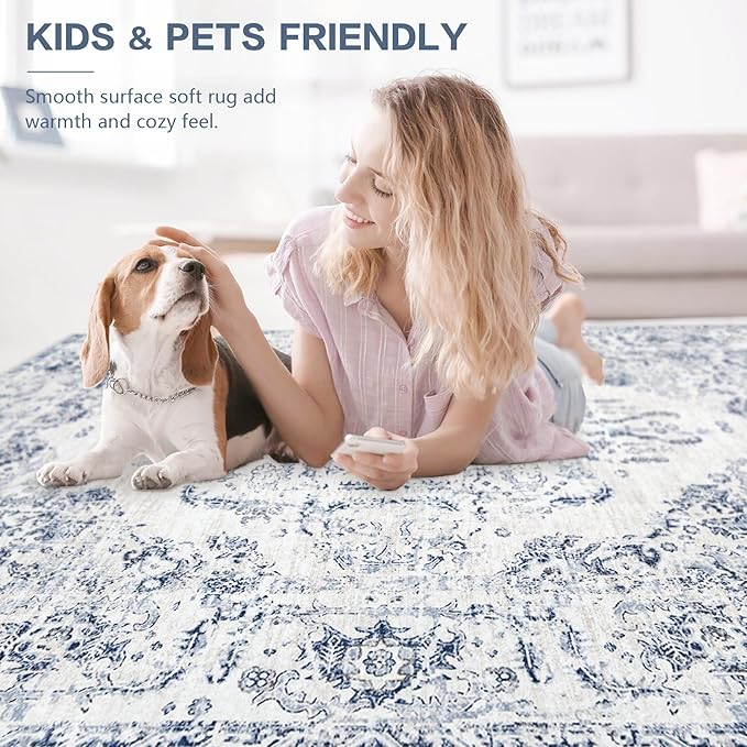 8x10 Area Rugs for Living Room: Washable Rug Vintage Large Rugs Soft Non Slip Low Pile Rug Floral Distressed Floor Carpet for Bedroom Kitchen Nursery Dining Room Home Office (Blue, 8'x10')