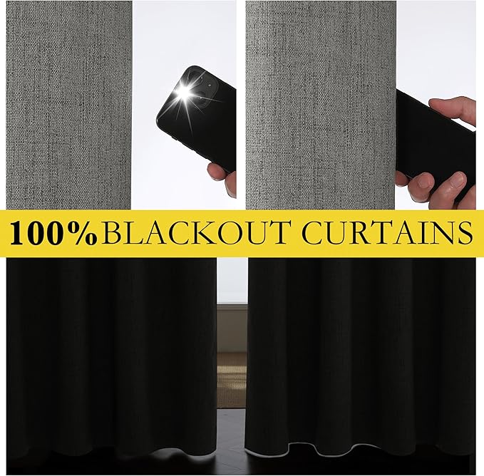 NICETOWN Grizzle Gray Vintage Linen 100% Blackout Curtains for Living Room, Thermal Insulated Curtains 63" Long, Noise Reducing Window Treatment Drapes for Hall Room, 52" Wide Per Panel, Set of 2