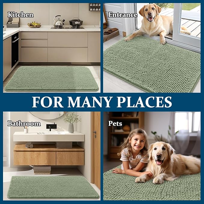 OLANLY Dog Door Mat for Muddy Paws 30x20, Absorbs Moisture and Dirt, Absorbent Non-Slip Washable Doormat, Quick Dry Chenille Mud Mat for Dogs, Entry Indoor Entryway Carpet for Inside Floor, Sage Green