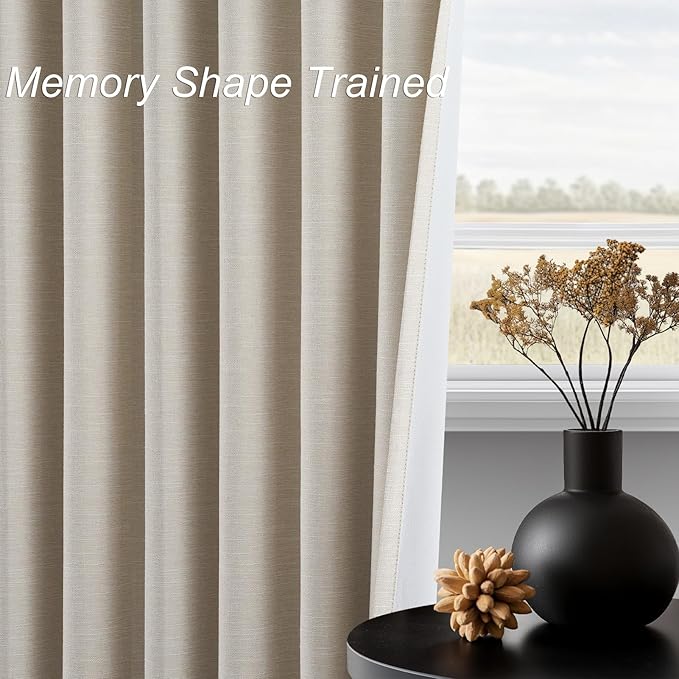 Topfinel 94 Inches Long Tan Colored Custom Blackout Linen Curtains, Internet Famous Beige Pleated Noise Cancelling Curtains with Pin Hooks for Traverse, Flax Linen Viral Drapes 2 Panels for Bedroom