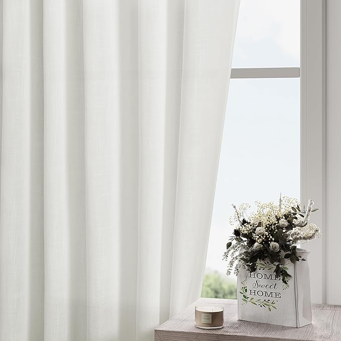 Nanspring Linen Curtains 84 inches Long 2 Panel Set,Off White - Back Tab Light Filtering Privacy Sheer Curtains Modern Farmhouse Coastal Decor White Cotton Textured Gauze Curtain for Living Room