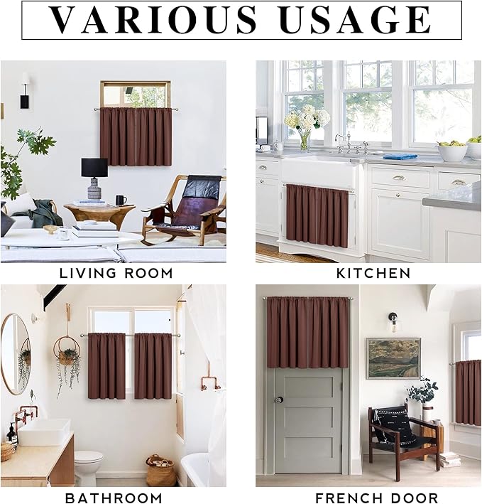 RYB HOME Small Curtains for Bathroom Window, Heavy Duty Thick Privacy Panels Blackout Energy Smart Curtains Drapes for Kitchen Cabinet, Wide 42 x Long 45 inch, 2 Panel Set, Chocolate Brown