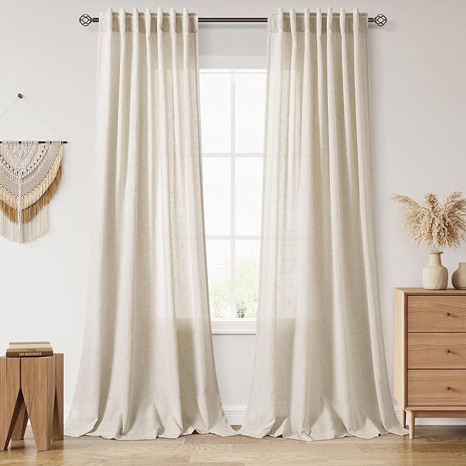 Boho Linen Curtains for Living Room 100 Inches Long Light Filtering Semi Sheer Curtain Back Tab Boho Eclectic Home Decor Elegant Luxury Farmhouse Drapes for Bedroom Dinner Room 52x100, 2 Panels