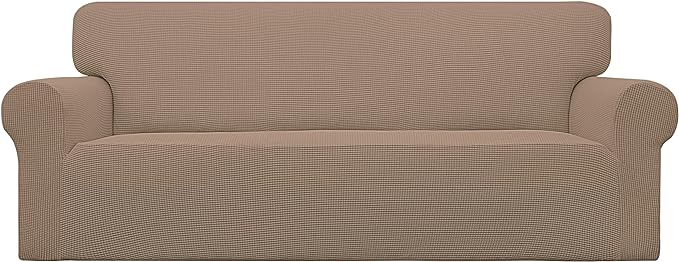 Easy-Going Stretch Oversized Sofa Slipcover 1-Piece Sofa Cover Furniture Protector Couch Soft with Elastic Bottom for Kids, Polyester Spandex Jacquard Fabric Small Checks Camel
