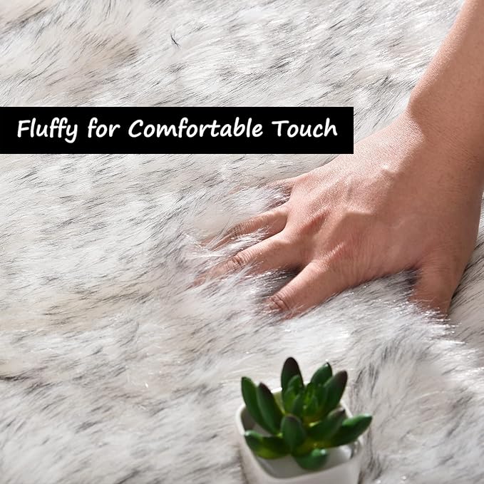 Goolela Round Fluffy Rug 3ft White with Grey Tips Circle Faux Sheepskin Fur Rug for Bedroom Living Room Fuzzy Furry Small Décor Washable
