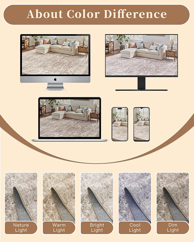 Madane 3x5 Area Rugs for Entryway,Washable Vintage Low Pile Non-Slip Throw Area Rugs, Accent Rug Floral Print Indoor Mat for Bedside Living Room Kitchen Bedroom, Brown/Sand