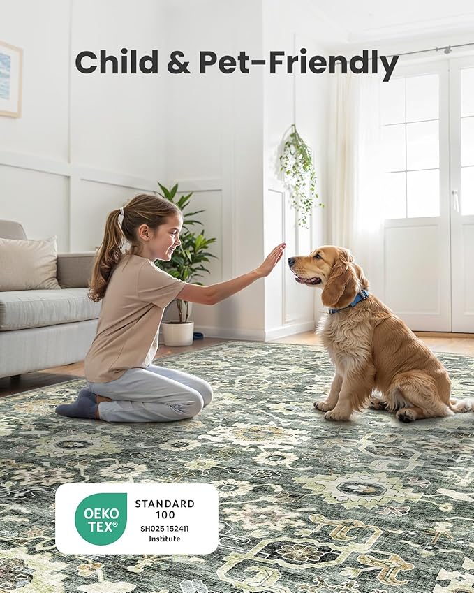 AMADA HOMEFURNISHING 6x9 Area Rugs, Blue Low-Profile Washable Rug with Non-Slip Backing & Durable Edge Binding, Vintage Rugs for Living Room, Bedroom, Dining Room