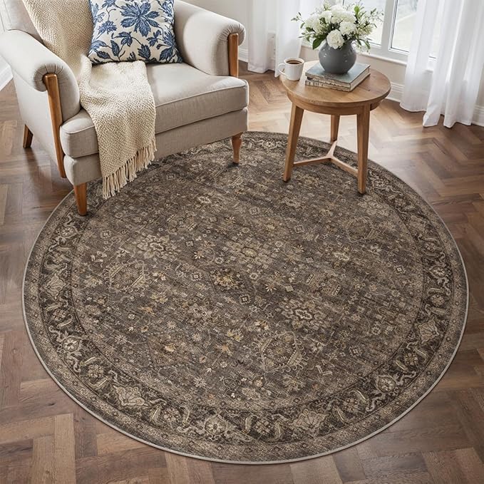5x5 Washable Round Rug for Living Room Bedroom Vintage Brown Soft Low Pile Carpet Traditional Retro Non Slip Cirlce Rug for Dining Room Entryway Indoor Dorm Kitchen