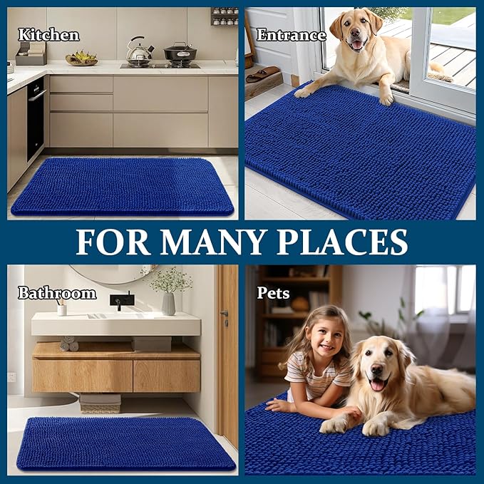 OLANLY Dog Door Mat for Muddy Paws 70x32, Absorbs Moisture and Dirt, Absorbent Non-Slip Washable Doormat, Quick Dry Chenille Mud Mat for Dogs, Entry Indoor Entryway Carpet for Inside Floor, Royal Blue