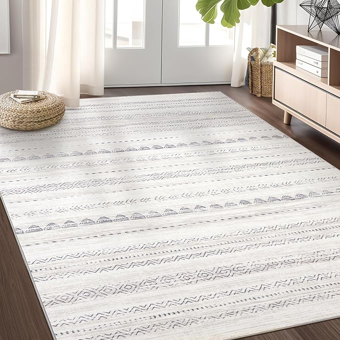 Nakagishi Area Rug Living Room Rugs: 4x6 Soft Machine Washable Boho Neutral Farmhouse Stain Resistant Moroccan Indoor Floor Carpet for Bedroom Nursery Kids Entryway Kitchen Entry Bedside Home- Gray
