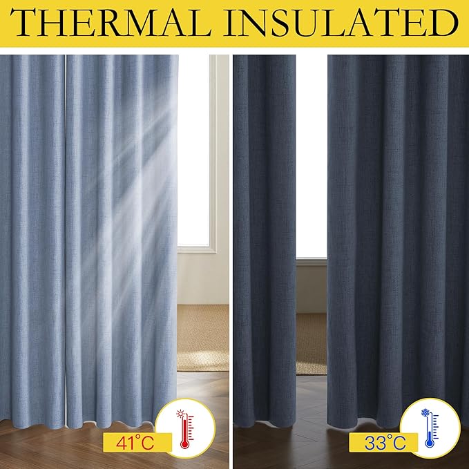 NICETOWN Stone Blue Vintage Linen 100% Blackout Curtains for Living Room, Thermal Insulated Curtains 102“ Long, Noise Reducing Window Treatment Drapes for Home Office, 62" Wide Per Panel, Set of 2
