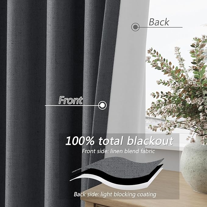Guken 100% Blackout Curtains 84 Inch Length 2 Panels Set for Living Room Bedroom Back Tab Thermal Insulated Black Out Linen Drapes Room Darkening Blazer Grey,52x84