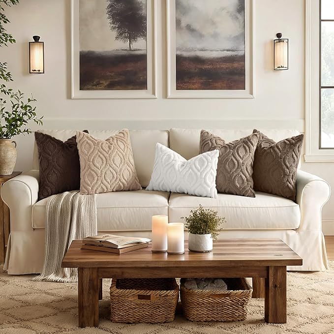 decorUhome Throw Pillow Covers 18x18 Inch Set of 2, Soft Plush Faux Wool Brown Solid Couch Pillow Covers, Accent Farmhouse Neutral Square Pillow Cases for Sofa Bed Living Room