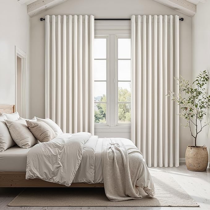 Extra Wide Total Blackout 96 Inch Curtains 70 Inches Wide for Living Room 2 Panels Ivory Cream Linen Blackout Curtain for Large Window Treatment Privacy Thermal Drapes Rod Pocket Pleated 72"W x 96"Lx2