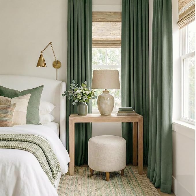 RYB HOME Forest Green 100% Blackout Linen Curtains 96 Length 52 Width, Privacy Assurd & Thermal Insulated Drapes for Bedroom/Sliding Door, Rod Pocket&Back Tab Modern Fashion Style, 2 Panels