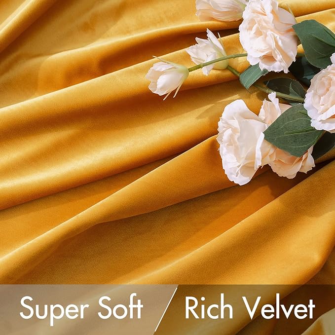 MIULEE Velvet Curtains 90 inches 2 Panels - Luxury Blackout Curtains for Bedroom Living Room Thermal Insulated Fall Decor Super Soft Elegant Window Drapes Rod Pocket & Back Tab, Mustard Yellow