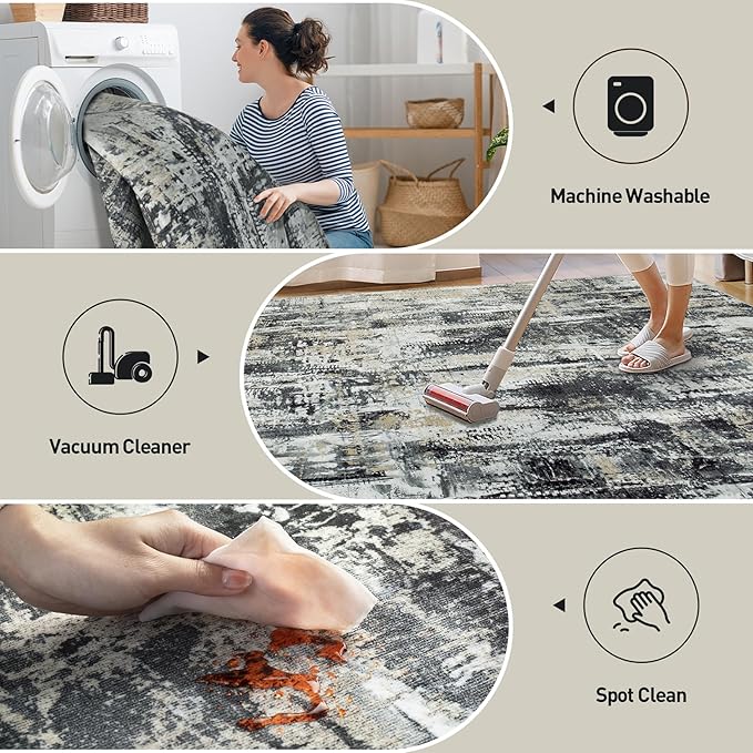 9x12 Area Rugs Washable Rug: Modern Abstract Living Room Rug Soft Anti-Skid Thin Carpet Indoor Floor Non-Shedding Carpets for Bedroom Dining Room Farmhouse Nursery Home Office Black Grey Gold