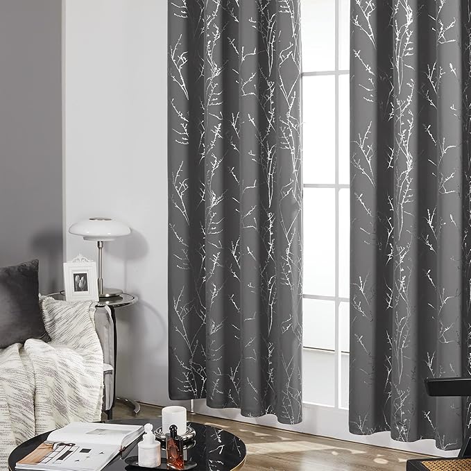 Deconovo Grey Blackout Curtains for Living Room, Thermal Insulated Soundproof Drapes, Silver Branch Foil Print, 42 x 63 Inches Long, 2 Panels, Machine‑Washable Grommet Window Panel for Bedroom Office