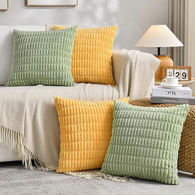 Fancy Homi Set of 4 Spring Boho Decorative Throw Pillow Covers 20x20 Inch for Couch Bed Sofa, Sage Green Yellow Room Decor, Soft Fuzzy Fluffy Cozy Corduroy Textured Cushion Case 50x50cm