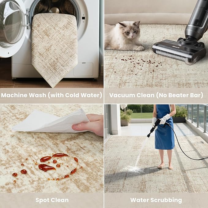 10x12 Area Rugs for Living Room Washable Rug: Anti-Skid Abstract Modern Living Room Rug Soft Thin Carpets Indoor Floor Non-Shedding Carpet for Bedroom Dining Farmhouse Nursery Beige White