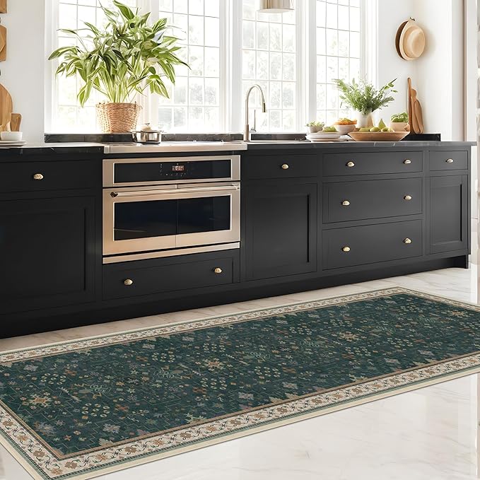 Hazo Haus Vintage Dark Green 2x10 Hallway Runner Rug - Modern Boho Eclectic Floral Pastel, Washable Low Pile Non-Slip Extra Long Runner Rugs for Kitchen, Bedroom