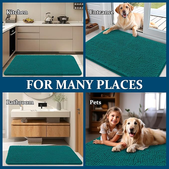OLANLY Dog Door Mat for Muddy Paws 47x24, Absorbs Moisture and Dirt, Absorbent Non-Slip Washable Doormat, Quick Dry Chenille Mud Mat for Dogs, Entry Indoor Entryway Carpet for Inside Floor, Lake Blue