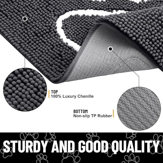 Smiry Dog Door Mat for Muddy Paws, Absorbent Dirt Trapper Non Slip Quick Dry Washable Chenille Mat for Mud Dogs, Entry Rug for Indoor and Outdoor (54x24 Inches, Dark Grey and White)