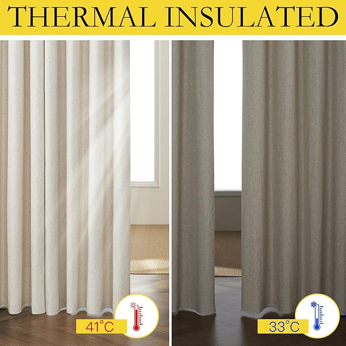 NICETOWN Natural Full Blackout Boho-Chic Linen Curtains 80 inch Long 2 Panels Set for Cafe Window, 34 inch Wide, Thick Linen Blend Drapes, Insulated Window Covers Draperies with White Backing