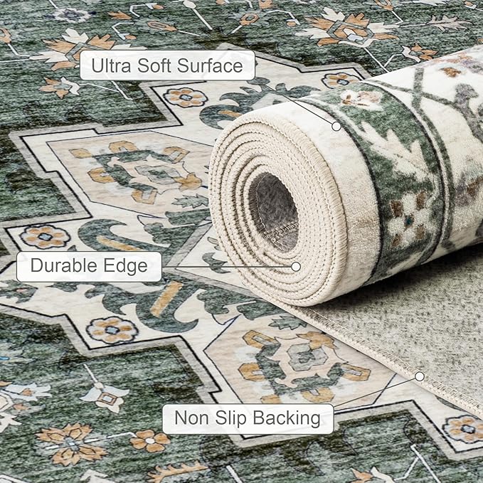Hallway Runner Rug Non Slip - Washable 2.6x8 Kitchen Rugs for Living Room, Low-Pile Soft Bedroom Rug Indoor Floor Stain Resistant Carpets for Entryway, Laundry, Bathroom Green Ivory