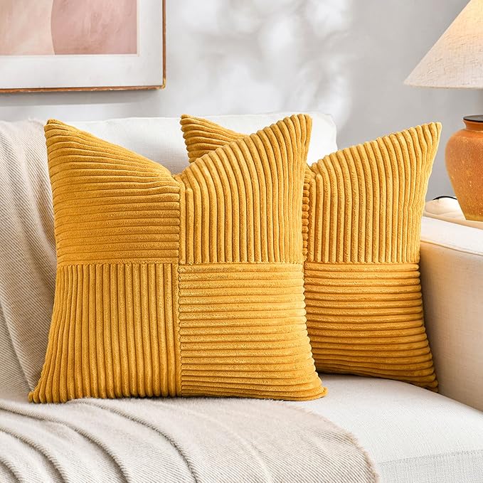Fancy Homi 2 Packs Gold Yellow Decorative Throw Pillow Covers 22x22 Inch for Living Room Couch Bed Sofa, Farmhouse Boho Home Decor, Soft Corss Corduroy Patchwork Accent Square Cushion Case 55x55 cm