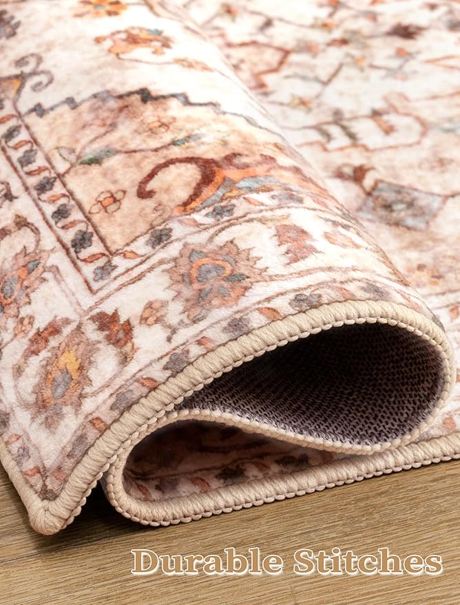 SERISSA Boho Washable Runner Rug, 2x6 Rug Non-Slip Vintage Peach Cream Hallway Kitchen Runner Rug Ultra Soft Print Distressed Floor Carpet for Bedroom Bathroom Laundry Living Room