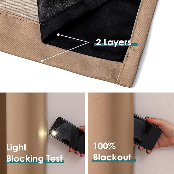 ChrisDowa 100% Blackout Curtains for Bedroom with Black Liner, 2 Thick Layers Total Blackout Thermal Insulated Grommet Long Window Curtains 2 Panels Set (Cappuccino, 52 x 95 Inch)