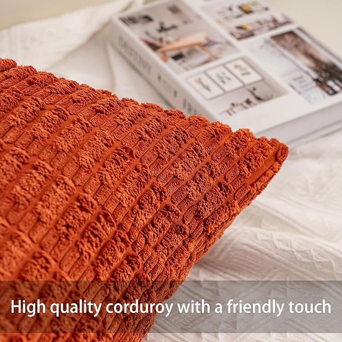 Pack of 2 Corduroy Decorative Throw Pillow Covers 18x18 Inch Soft Striped Pillow Covers Modern Farmhouse Home Decor for Sofa Living Room Couch Bed（Peach Red）