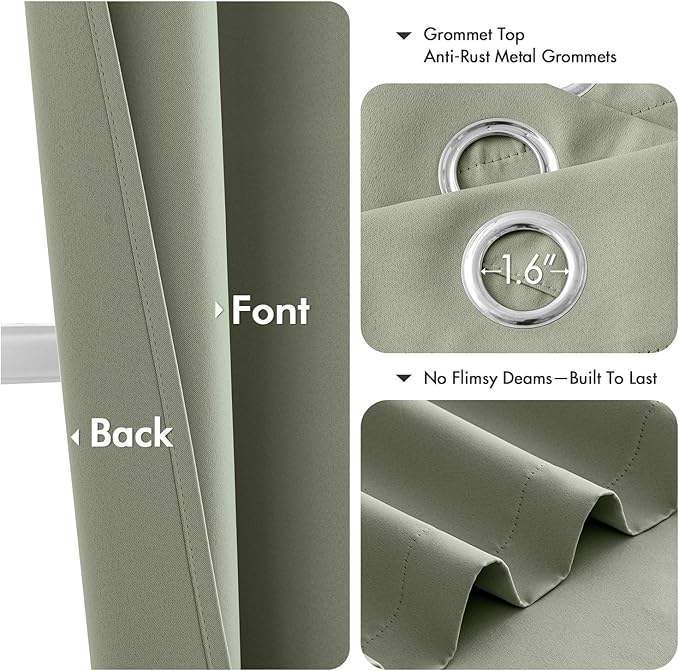 MIULEE Sage Green Blackout Curtains for Bedroom Living Room 63 Inches Long 2 Panels, Thermal Insulated Room Darkening Drapes Solid Grommet Noise Reduction Light Blocking Window Treatments 50x63 Inch