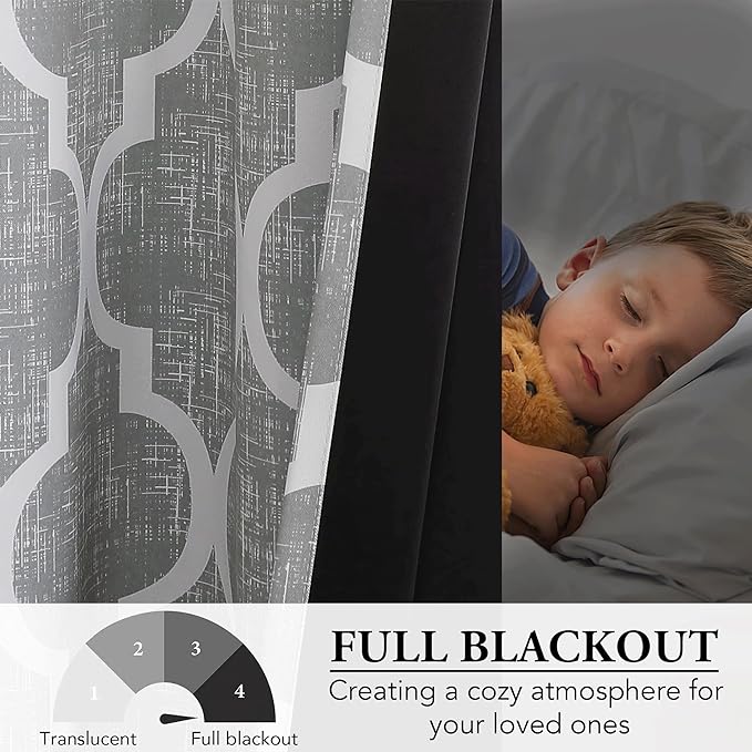 Beauoop 100% Blackout Curtains 84 Inches Long 2 Panels for Bedroom Living Room Grey Moroccan Geo Room Darkening Thermal Insulated Soundproof Rod Pocket Back Tab Window Treatments Drapes, 50x84