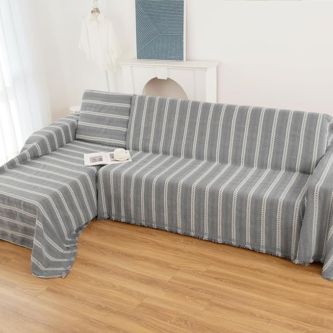 Couch Cover for Dogs, Boho Sofa Covers for 3 Cushion Couch, Chenille Sofa Slipcover for Pets Washable, L-Shape Sectional Loveseat Cover Soft Throw Blankets with Tassels(71x102,Striped Grey)