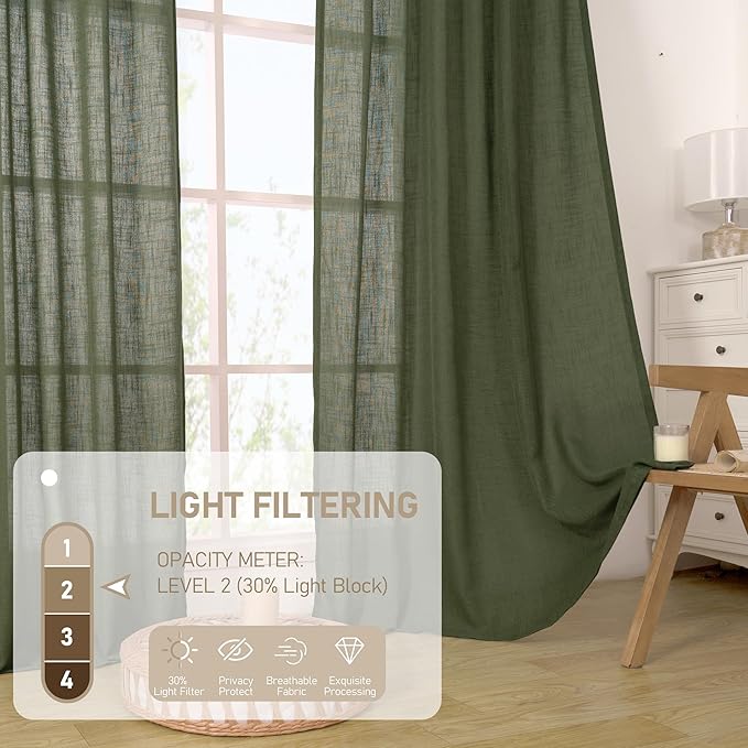 LAMIT Light Filtering Linen Curtains 80 inch for Living Room, Linen Textured Semi Sheer Back Tab and Rod Pocket Boho Modern Christmas Decor Drapes for Bedroom, Olive Green, 2 Panels, 52 x 80 Inch