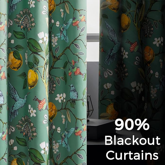 Topfinel Living Room Curtains 72 Inches Long Floral Spring Curtains, Vintage French Country Grommet Botanical Hummingbird Woodland Patterned Sage Green Lemon Drapes for Bedroom Dining Living Room