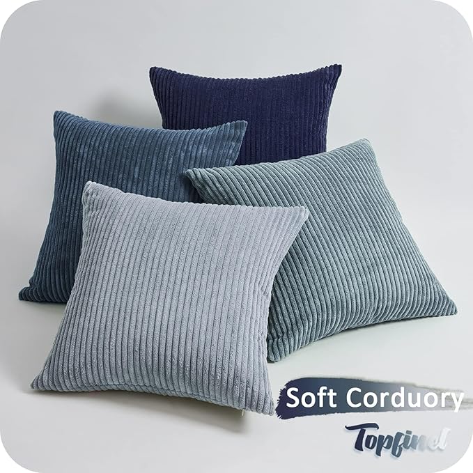 Topfinel Decorative Throw Pillow Covers Dark Blue Navy Series,Summer Corduroy Striped Toss Pillows for Couch,Patio,Balcony,Children Bedroom,Modern Fluffy Green Gradient Shams 20x20 Inch Set of 4