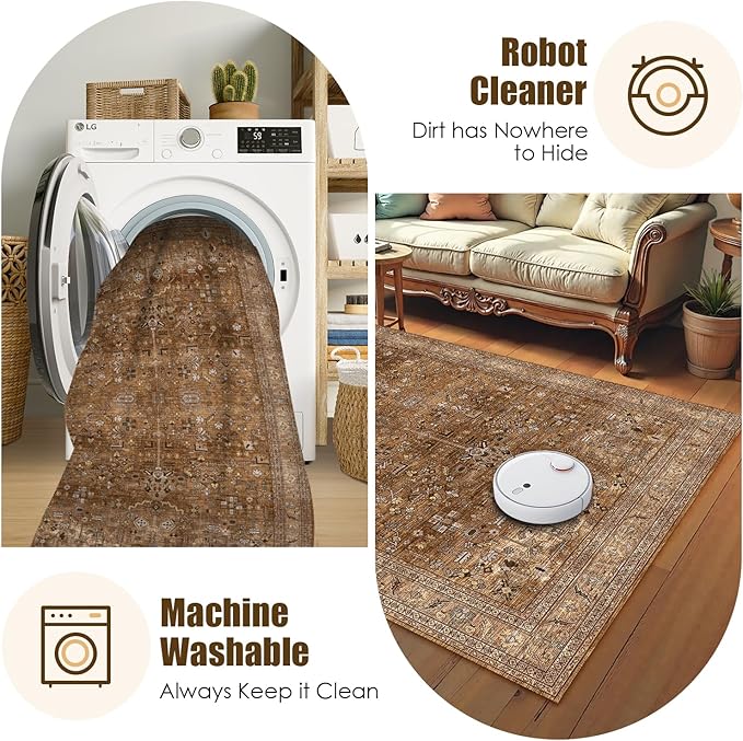 Washable Area Rug 3' x 5 ' Vintage Traditional Persian Mat - Foldable Distressed Non-Slip Machine Washable Carpet for Living Room Bedroom Kitchen Home Decor - Bronze and Ivory