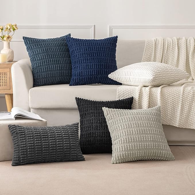 MIULEE Pack of 2 Corduroy Decorative Euro Sham Throw Pillow Covers 26x26 Inch Soft Boho Striped Pillow Covers Modern Farmhouse Home Decor for Summer Coastal Sofa Living Room Couch Bed Dark Blue