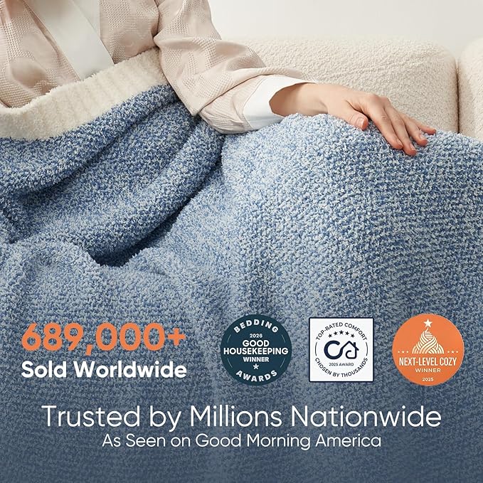 Snuggle Sac Blue Bedding Blanket Twin Size for Bed and Sofa, Reversible Super Soft Blankets Warm Cozy Knit Blankets Fuzzy Plush for Couch, Living Room, Blue, 60x80 inches