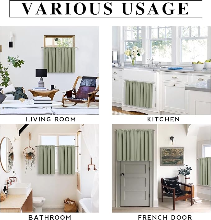 RYB HOME Half Curtain Tiers 36 inch Length, Rod Pocket Summer Heat Blocking Thermal Insulated Short Blackout Curtains for Small Window, Width 34 by Length 36, Sage Green, 2 Panels
