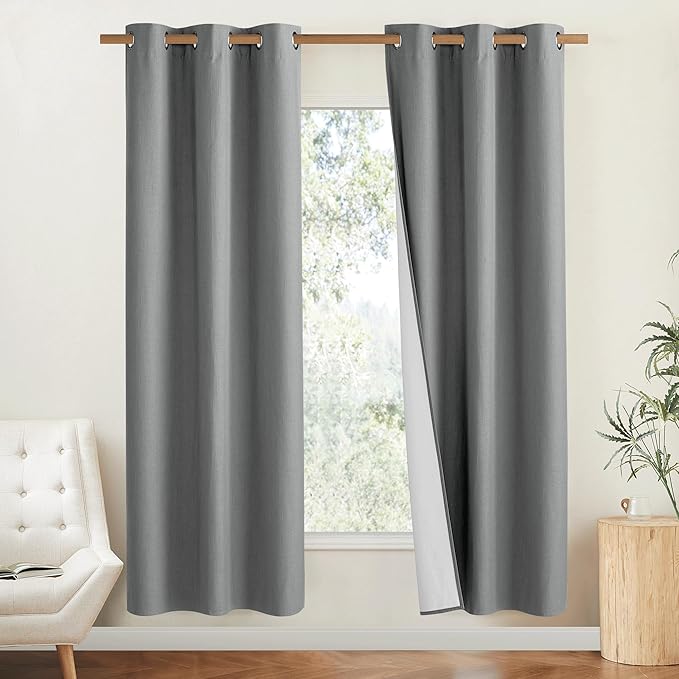 NICETOWN 100% Absolutely Blackout Linen Curtains with Thermal Insulated White Liner, Dove Grey, 42" W x 45" L, Set of 2, Burlap Textured Textured Linen Look Privacy Window Treatment for Kitchen
