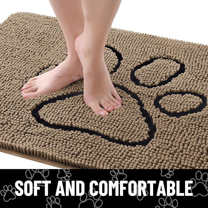 Smiry Dog Door Mat for Muddy Paws, Absorbent Dirt Trapper Non Slip Quick Dry Washable Chenille Mat for Mud Dogs, Entry Rug for Indoor and Outdoor (48x30 Inches, Camel and Black)