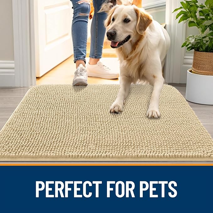 OLANLY Dog Door Mat for Muddy Paws 34x21, Absorbs Moisture and Dirt, Absorbent Non-Slip Washable Doormat, Quick Dry Chenille Mud Mat for Dogs, Entry Indoor Entryway Carpet for Inside Floor, Sand