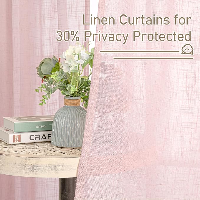 LAMIT Linen Curtains 48 Inch Length 2 Panels, Light Filtering Panels Back Tab and Rod Pocket Neutral Drapes for Kitchen/Window/Kids Room/Bedroom, 34 x 48 Inch Pink