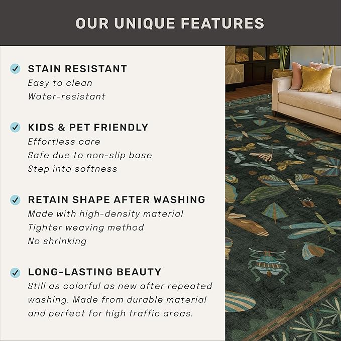 Dark Green Area Rugs 5x7 for Living Room - Fairy Fantasy Moss Rugs for Dining Room Table, Bedroom, Whimsical Insect Boho Moth Décor, Washable Non Skid Soft Carpet