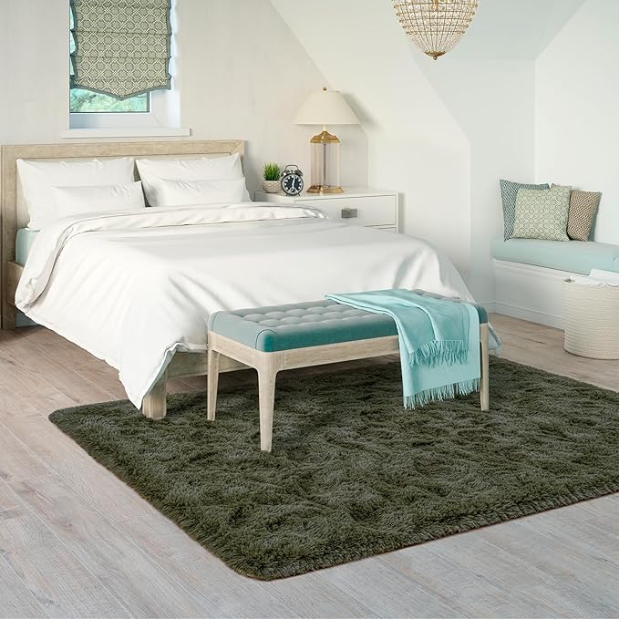 Goideal Fluffy Rug for Bedroom Living Room, 3x5 Olive Green Area Rugs, Faux Fur Shag Modern Carpet Ultra Soft Girls Boys Room Home Decor, Solid