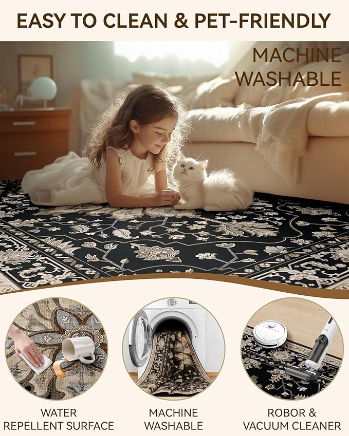 Area Rugs 9'x12' Washable Non-Slip, Floral Vintage Distress Print Pattern Medallion Carpet for Living Room Bedroom Dining Room, Black Brown Neutral Dark Tan